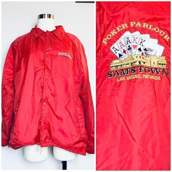 Vintage VTG 90s 80s Poker Windbreaker Bomber Jacket Coat Red L - Picture 1 of 9